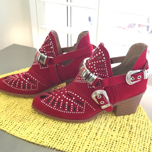 Adams Shoes - Red Studded Western Ankle Boots with Silver Buckles